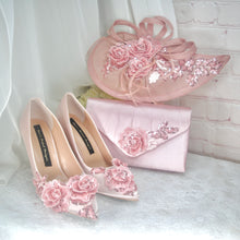 Load image into Gallery viewer, Blush Pink Sparkling Flora Embroidery Heels with Fascinator Hat and Clutch Bag. Matching Bridal Set
