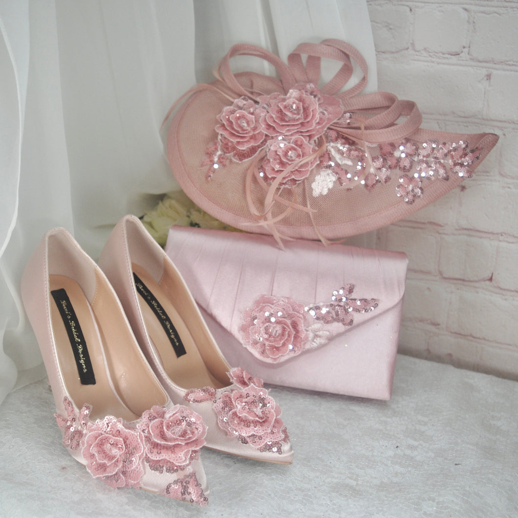 Blush Pink Sparkling Flora Embroidery Heels with Fascinator Hat and Clutch Bag. Matching Bridal Set