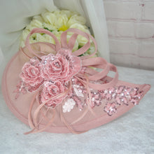 Load image into Gallery viewer, Blush Pink Sparkling Flora Embroidery Heels with Fascinator Hat and Clutch Bag. Matching Bridal Set
