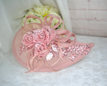 Load image into Gallery viewer, Blush Pink Sparkling Flora Embroidery Heels with Fascinator Hat and Clutch Bag. Matching Bridal Set
