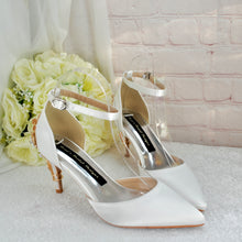 Load image into Gallery viewer, Ivory Satin Low Heel Bridal Sandals with Cherry Blossom
