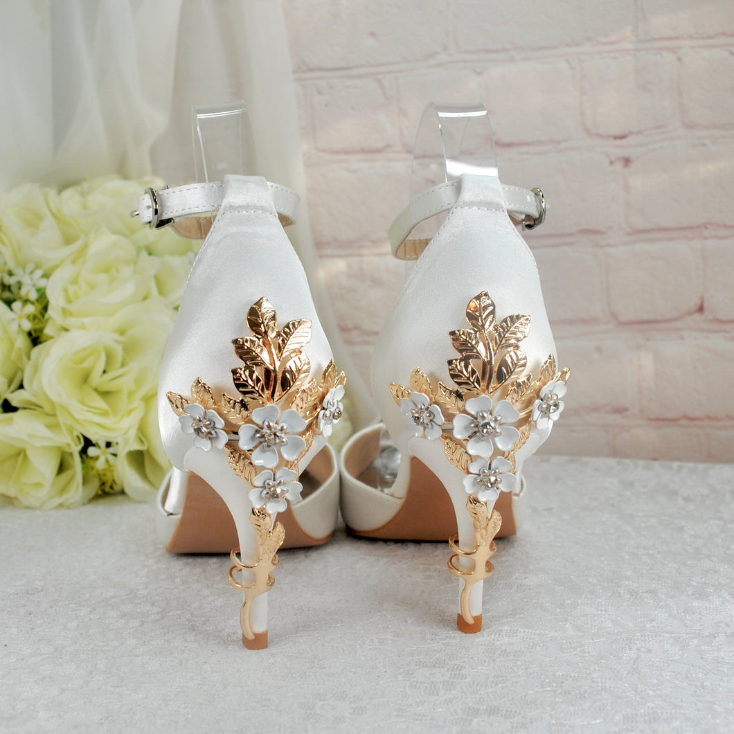 Ivory Satin Low Heel Bridal Sandals with Cherry Blossom