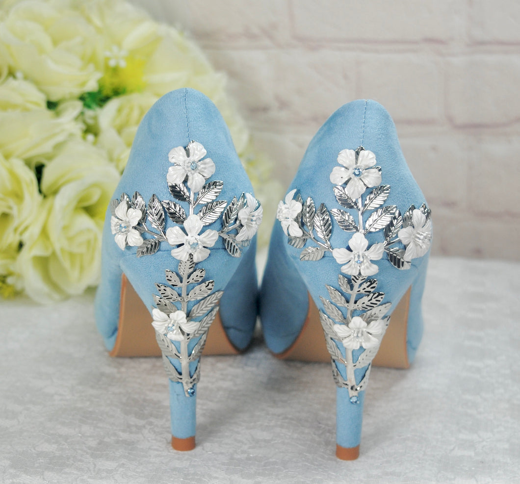 Blue Suede Wedding Shoes, ROUND TOE, Silver 'Cherry Blossom'