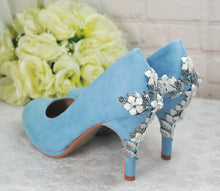 Load image into Gallery viewer, Blue Suede Wedding Shoes, ROUND TOE, Silver &#39;Cherry Blossom&#39;
