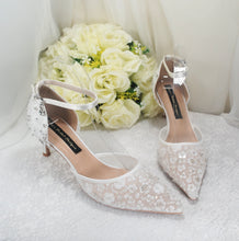 Load image into Gallery viewer, Bridal White Beaded Heels, Sling Back or Ankle Strap
