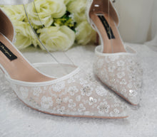 Load image into Gallery viewer, Bridal White Beaded Heels, Sling Back or Ankle Strap
