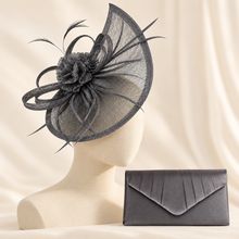 Load image into Gallery viewer, Dark Grey Fascinator and Satin Clutch Bag Set | Wedding Guest Accessories
