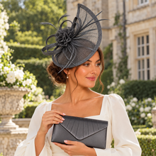 Load image into Gallery viewer, Dark Grey Fascinator and Satin Clutch Bag Set | Wedding Guest Accessories
