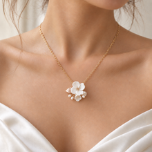 Load image into Gallery viewer, Ceramic Flower &amp; Pearl Bridal Earrings and Necklace – Gold
