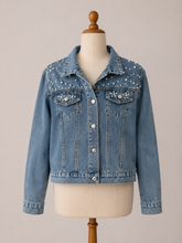 Load image into Gallery viewer, Personalized Pearl Denim Bridal Jacket: Bride to Be, Hen Party
