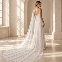 Load image into Gallery viewer, Pearl Drape Bridal Cape | Sheer Tulle Wedding Cape | 250 cm
