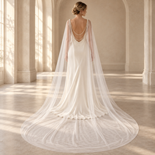 Load image into Gallery viewer, Pearl Drape Bridal Cape | Sheer Tulle Wedding Cape | 250 cm
