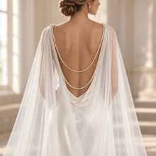 Load image into Gallery viewer, Pearl Drape Bridal Cape | Sheer Tulle Wedding Cape | 250 cm
