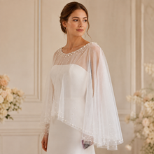 Load image into Gallery viewer, Crystal &amp; Pearl Bridal Cape, Wedding Dress Cover Up
