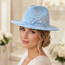 Load image into Gallery viewer, Pale Blue Bridal Fedora Hat | Floral Embroidered in Custom Colours
