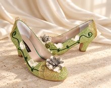 Load image into Gallery viewer, Tiana Inspired Bridal Block Heels | Green Glitter &amp; Golden Leaves
