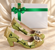 Load image into Gallery viewer, Tiana Inspired Bridal Block Heels | Green Glitter &amp; Golden Leaves
