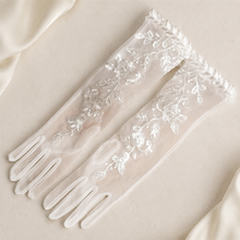 Load image into Gallery viewer, Embroidered Lace Bridal Gloves – Sheer Tulle Wedding Gloves
