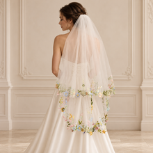 Load image into Gallery viewer, Pastel Floral Embroidered Edge Bridal Veil | 2 Tier
