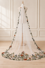 Load image into Gallery viewer, Autumnal embroidered Veil - Cathedral Length Floral Lace Edge Bridal Veil
