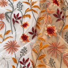 Load image into Gallery viewer, Autumn Botanical Embroidered Tulle Fabric – White or Beige – By the Yard
