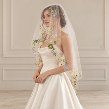 Load image into Gallery viewer, Pastel Floral Embroidered Edge Bridal Veil | 2 Tier
