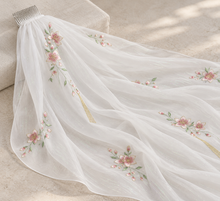 Load image into Gallery viewer, Pink Floral Embroidered Chiffon Wedding Veil with Gold Detail &amp; Silver Comb
