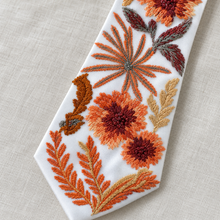 Load image into Gallery viewer, Autumn Floral Wedding Tie – White Satin with Burnt Orange Embroidery &amp; Optional Pocket Square
