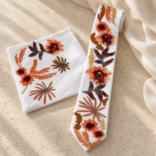 Load image into Gallery viewer, Autumn Floral Wedding Tie – White Satin with Burnt Orange Embroidery &amp; Optional Pocket Square

