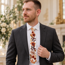 Load image into Gallery viewer, Autumn Floral Wedding Tie – White Satin with Burnt Orange Embroidery &amp; Optional Pocket Square
