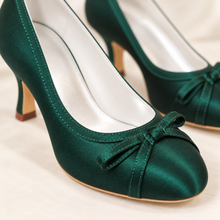 Load image into Gallery viewer, Emerald Green Satin Mid-Heel Wedding Shoes with Bow
