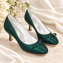 Load image into Gallery viewer, Emerald Green Satin Mid-Heel Wedding Shoes with Bow
