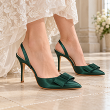 Load image into Gallery viewer, Emerald Green Satin Bow Slingback Heels &amp; Matching Clutch Bag
