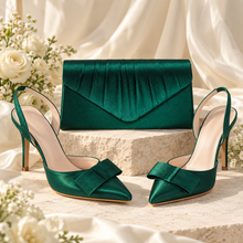 Load image into Gallery viewer, Emerald Green Satin Bow Slingback Heels &amp; Matching Clutch Bag
