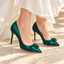 Load image into Gallery viewer, Emerald Green Satin Bow Wedding Shoes | Custom Colours
