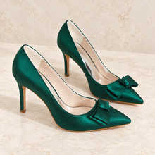 Load image into Gallery viewer, Emerald Green Satin Bow Wedding Shoes | Custom Colours
