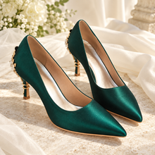 Load image into Gallery viewer, Emerald Green Satin Cherry Blossom Heels | Floral Wedding Shoes
