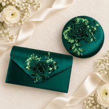 Load image into Gallery viewer, Emerald Green Satin Clutch Bag &amp; Pillbox Fascinator Set | Mother of the Bride Wedding Accessories
