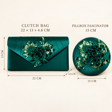 Load image into Gallery viewer, Emerald Green Satin Clutch Bag &amp; Pillbox Fascinator Set | Mother of the Bride Wedding Accessories
