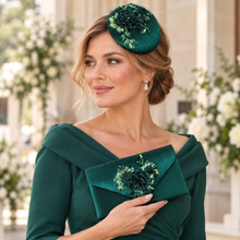 Load image into Gallery viewer, Emerald Green Satin Clutch Bag &amp; Pillbox Fascinator Set | Mother of the Bride Wedding Accessories
