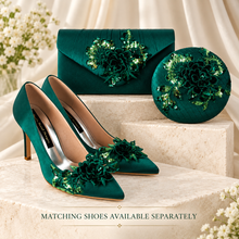 Load image into Gallery viewer, Emerald Green Satin Clutch Bag &amp; Pillbox Fascinator Set | Mother of the Bride Wedding Accessories
