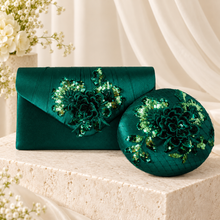 Load image into Gallery viewer, Emerald Green Satin Clutch Bag &amp; Pillbox Fascinator Set | Mother of the Bride Wedding Accessories
