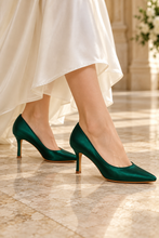 Load image into Gallery viewer, Emerald Green Satin Pointed Toe Court Shoes | 8, 10 or 12 cm
