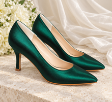 Load image into Gallery viewer, Emerald Green Satin Pointed Toe Court Shoes | 8, 10 or 12 cm
