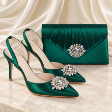 Load image into Gallery viewer, Emerald Green Satin Slingback Heels with Crystal Detail | 9.5 cm
