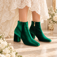 Load image into Gallery viewer, Velvet Ankle Boots – Block Heel Bridal Boots in Green, Wine, Black or Champagne
