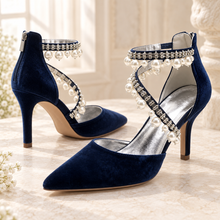 Load image into Gallery viewer, Velvet Bridal Shoes with Pearl Straps – Pointed Toe Wedding Heels
