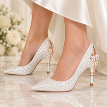 Load image into Gallery viewer, Ellora White Glitter Wedding Shoes – Cherry Blossom Bridal Heels
