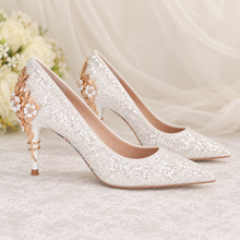 Load image into Gallery viewer, Ellora White Glitter Wedding Shoes – Cherry Blossom Bridal Heels
