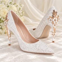 Load image into Gallery viewer, Ellora White Glitter Wedding Shoes – Cherry Blossom Bridal Heels

